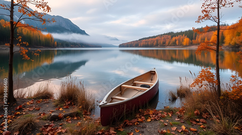 Serene Lakeside Canoe in Autumn Landscape