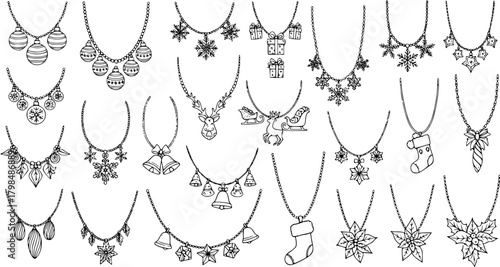 Christmas Necklaces Doodle Set: Festive Jewelry Line Art