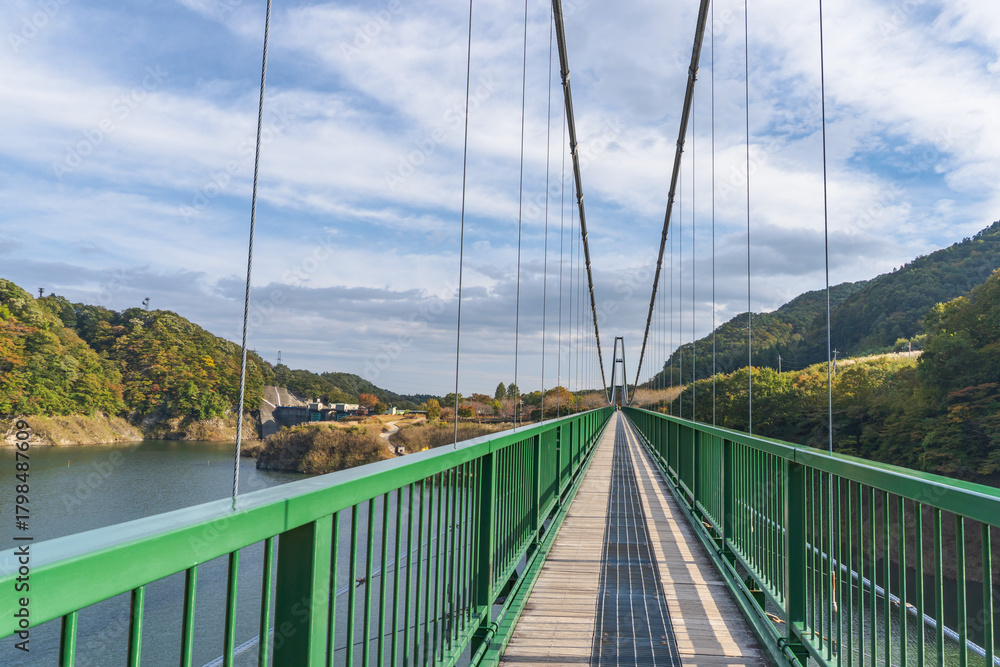 Obraz premium 日本：もみじ谷大吊橋／全長320mの歩道吊橋【塩原ダム】栃木県那須塩原市・10月