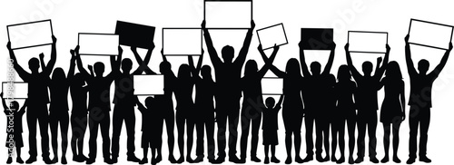 crowd protest silhouettes, people holding signs, demonstration group illustration, activism banner crowd, rally protestors artwork, political demonstration graphic