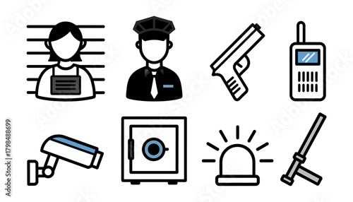 Security and Surveillance Flat Line Icon Set: Female Officer, Security Guard, Handgun, Walkie Talkie, CCTV Camera, Safe, Siren, and Baton Symbols