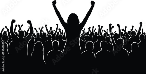 Crowd silhouettes cheering, excited audience raising hands, concert festival celebration scene, people gathering illustration, energetic group cheering together