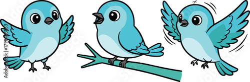 cute blue birds, cartoon bird characters, flying singing birds, adorable animal illustration, kids clipart, happy bluebird set