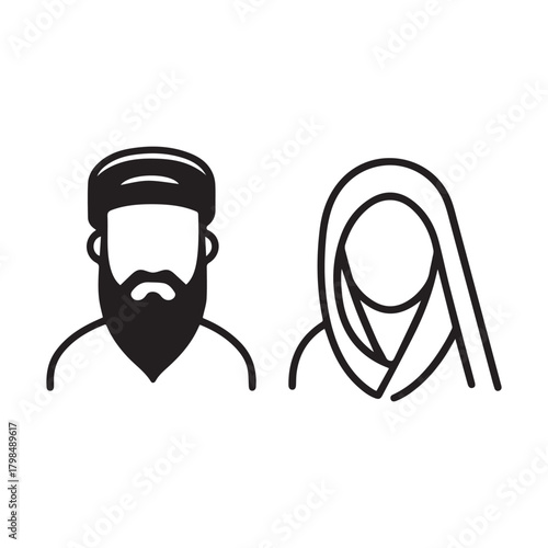 Islamic men and women icon character outline. Arabic vector design.