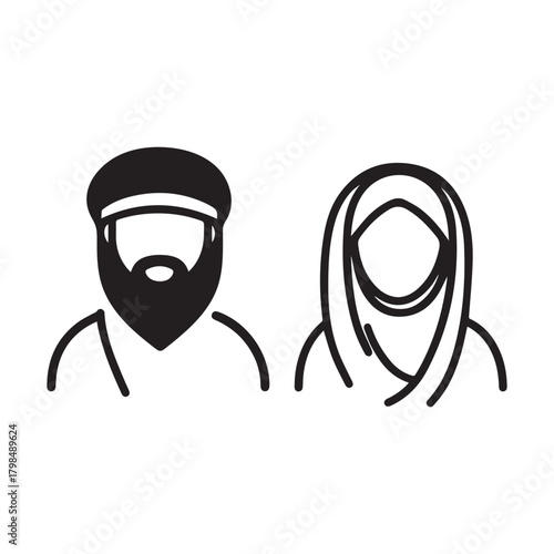 Islamic men and women icon character outline. Arabic vector design.