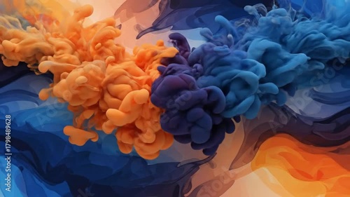 Abstract background featuring vibrant clouds of color merging and swirling. Orange and blue hues blend together, creating a mesmerizing and dynamic visual effect. This footage is suitable for a variet