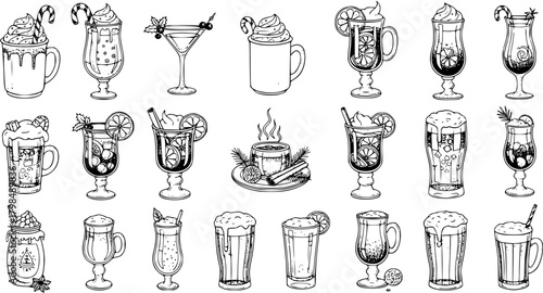 Hand-drawn outline illustrations set of various winter holiday drinks, hot beverages, cocktails, and beer mugs.