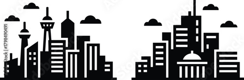 city skyline silhouettes, urban cityscape illustration, modern buildings skyline, metropolitan architecture icons, skyline vector with clouds