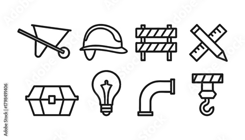 Construction, Building, and Engineering Line Icon Set: Wheelbarrow, Hard Hat, Barricade, Toolbox, Light Bulb, Pipe, and Crane Hook Symbols