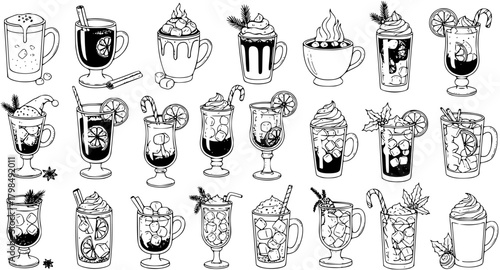 Hand-drawn sketch vector art set of festive and cozy hot  cold drinks. Collection includes coffee, tea, hot chocolate, and cocktails with whipped cream, fruits, and holiday garnishes.