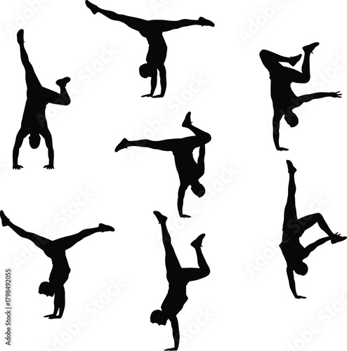 Breakdance athlete silhouettes performing dynamic handstand moves, acrobatic dance poses, freestyle movement illustration for fitness, sport, street dance and choreography concepts