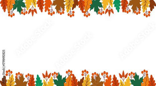 Autumn leaves frame with colorful fall foliage and berries on white background