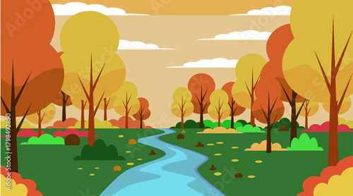 Autumn forest with colorful trees and winding river under cloudy sky