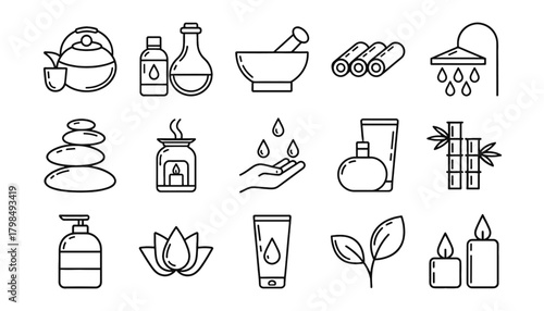 Spa, Wellness, and Beauty Line Icon Set: Tea Kettle, Essential Oil Bottles, Mortar and Pestle, Massage Stones, Shower, Candle, and Bamboo Symbols