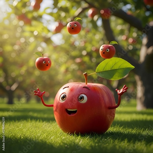 “Cute Cartoon Apple Characters Playing in Orchard – Happy Fruit Mascots in Sunny Nature Scene”