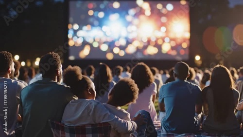 Movie night experience outdoor cinema audience enjoyment festival setting wide view entertainment concept