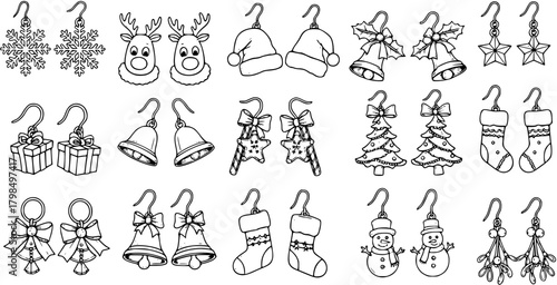 Christmas holiday earrings collection in line art, featuring festive designs like snowflakes, reindeers, Santa hats, bells, gifts, stars, trees, stockings, snowmen, and mistletoe. Vector illustration.