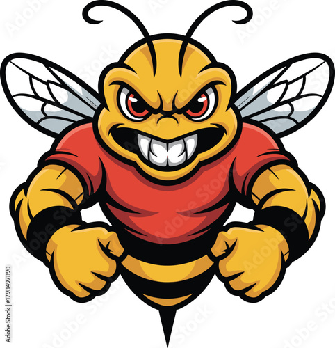 Angry cartoon bee, muscular insect character, fierce expression, red shirt, clenched fists, stinger, mascot design, anthropomorphic bug, stock illustration, bold pose