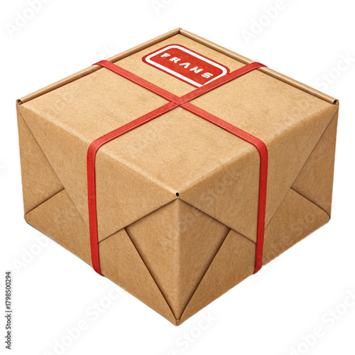 Securely wrapped brown cardboard parcel with red ribbon and 'FRANS' label ready for swift delivery and excited unboxing.