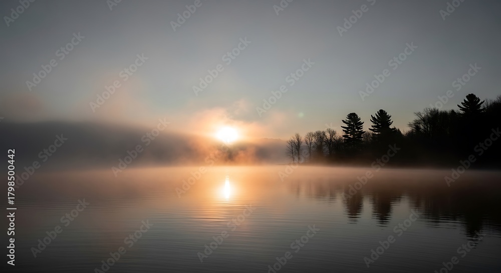 Fototapeta premium Sunrise over misty lake with trees reflected in the still water