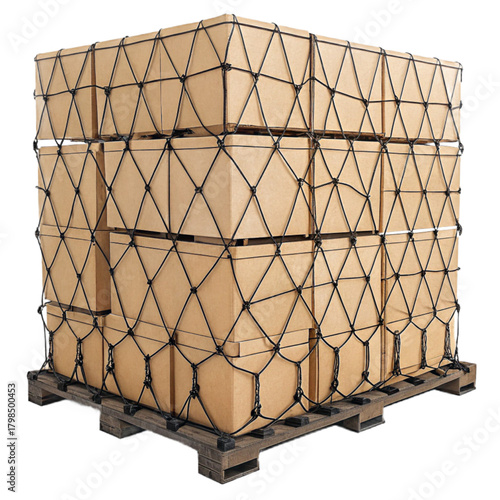 Securely stacked cardboard boxes on wooden pallet secured with cargo net for safe shipping and logistics