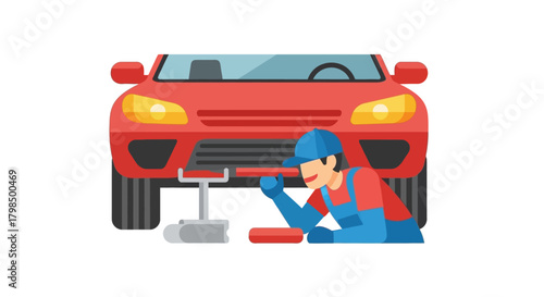 Illustrative car repair service, red vehicle maintenance, cartoon mechanic fixing automobile at