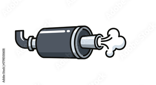 Stylized automobile muffler emitting fumes, isolated against white background vector illustration