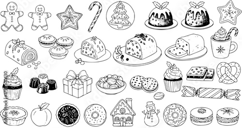 Hand-Drawn Christmas  Winter Holiday Food Set. Festive Desserts, Sweets, Decorations: Gingerbread, Candy Cane, Cake, Cupcake, Macarons, Gift Box, Pretzel, Pies, Snowman.