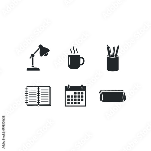 Study desk items silhouette icons set