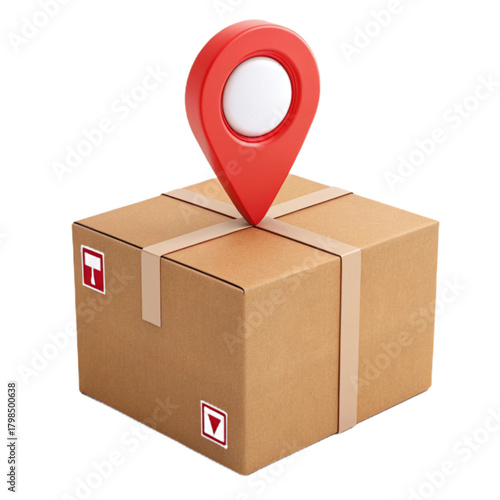 Secure package delivery marked precisely with a red location pin, symbolizing logistics and tracking for modern commerce.