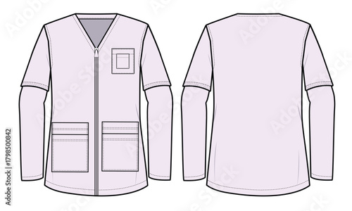 Long sleeve under-scrub t-shirt front and back view mockup template vector design technical illustration.