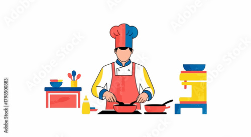 A chef is cooking in the kitchen with cookware and food preparation accessories colorful