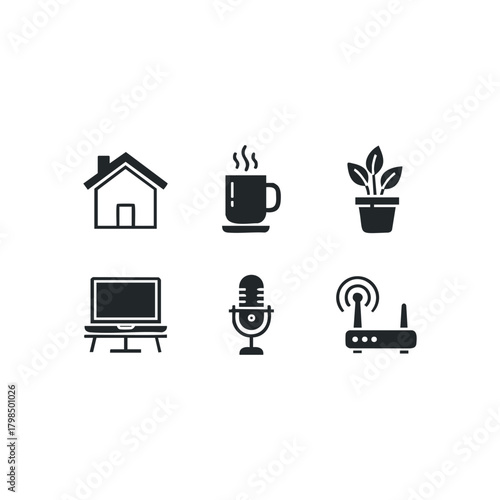 Home, coffee, plant, laptop, microphone, router icons