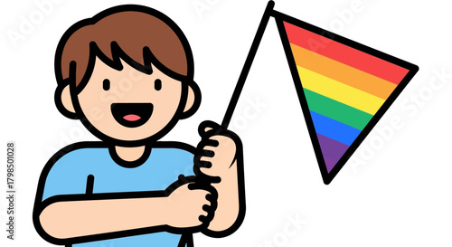 Cheerful illustration of a cartoon person holding a pride flag expressing celebration joy and