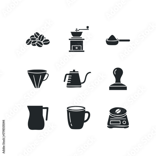 Collection of nine flat icons for coffee preparation
