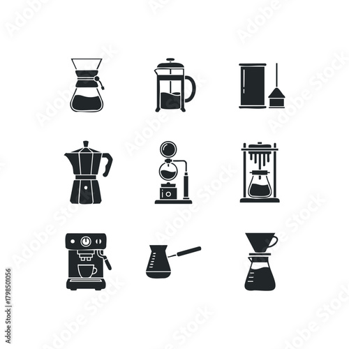 Collection of coffee brewing device icons
