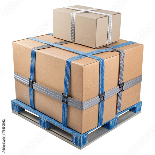 Securely strapped cardboard boxes stacked on a blue pallet ready for safe and efficient shipping and logistics operations