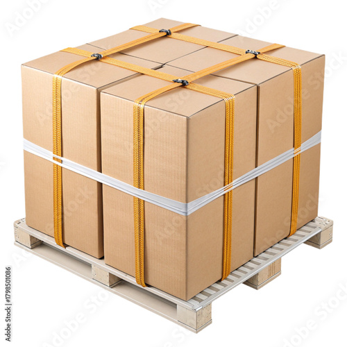 Securely strapped cardboard boxes stacked on a logistics pallet ready for shipping and global distribution
