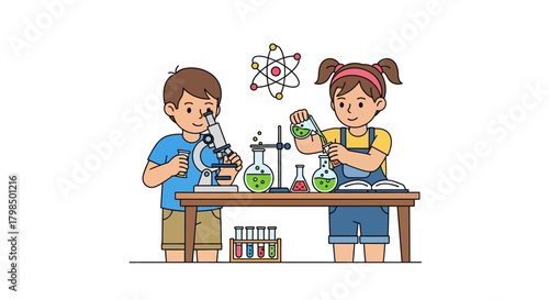 Two children passionately experiment in science laboratory with microscope and chemistry beakers