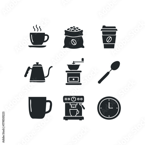 Collection of coffee brewing equipment and cups