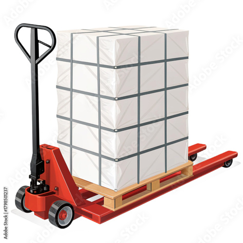 Securely transport large cargo with a robust pallet jack, ready for efficient shipping and logistics operations