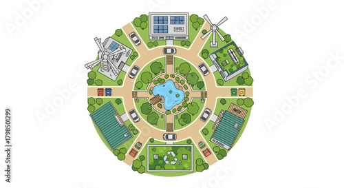 Sustainable living community illustration showcasing renewable energy and green infrastructure