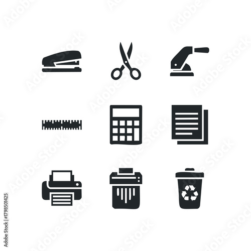 Set of office supply icons on white background