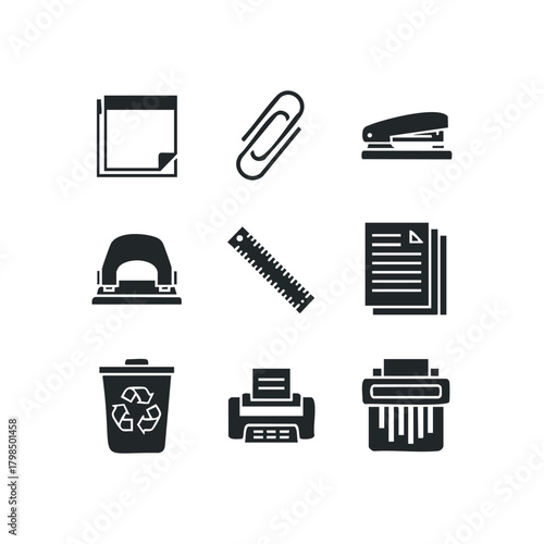 Office Supplies Icons Collection Paperwork Printer Stapler Hole Punch