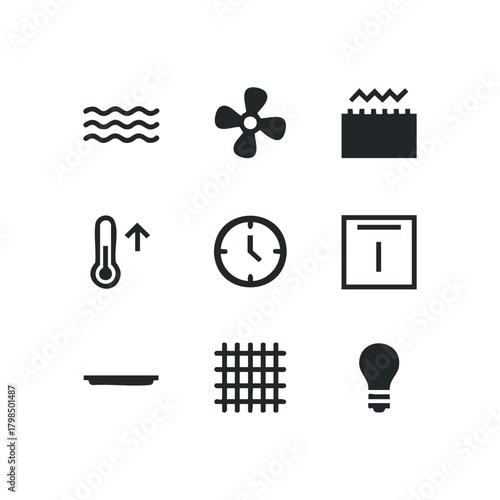 Set of nine simple black icons for appliances and settings