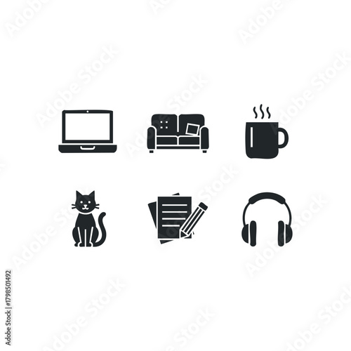Set of six icons representing common household and creative items