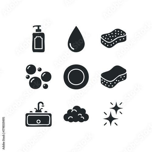 Household cleaning icons set for dish washing