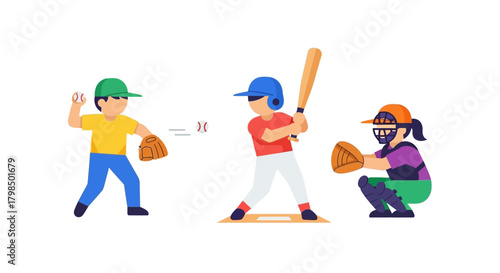Youth baseball game illustration portraying a pitcher, batter, and catcher during game action