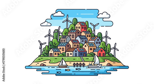 Sustainable living: A vibrant eco-community powered by wind and solar energy near the sea
