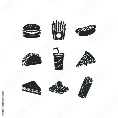 Fast food icons collection with burger, fries, pizza, hot dog, taco, burrito, sandwich, drink, nuggets